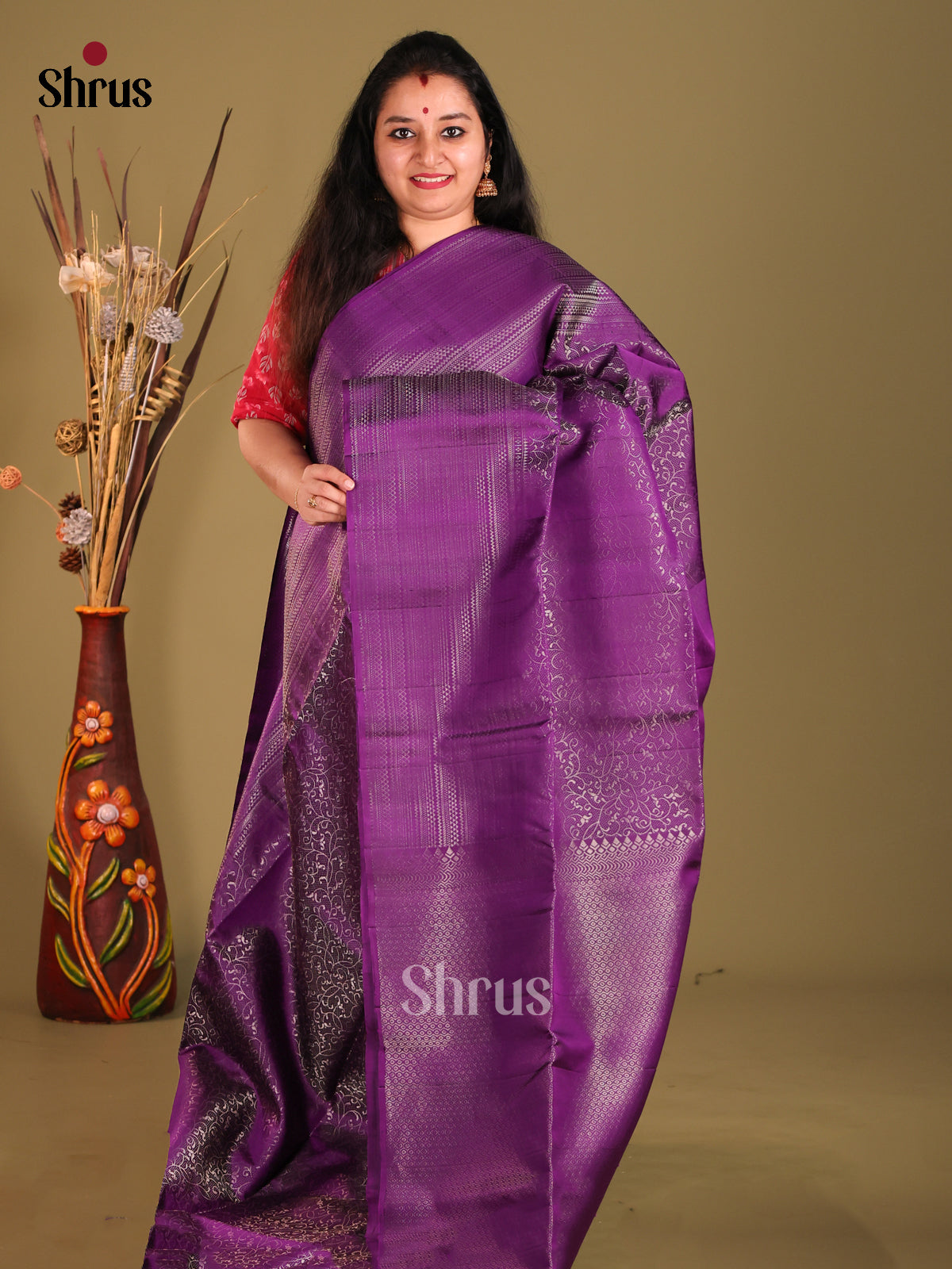 Violet single Tone Soft Silk Saree with zari floral nestling brocade-1