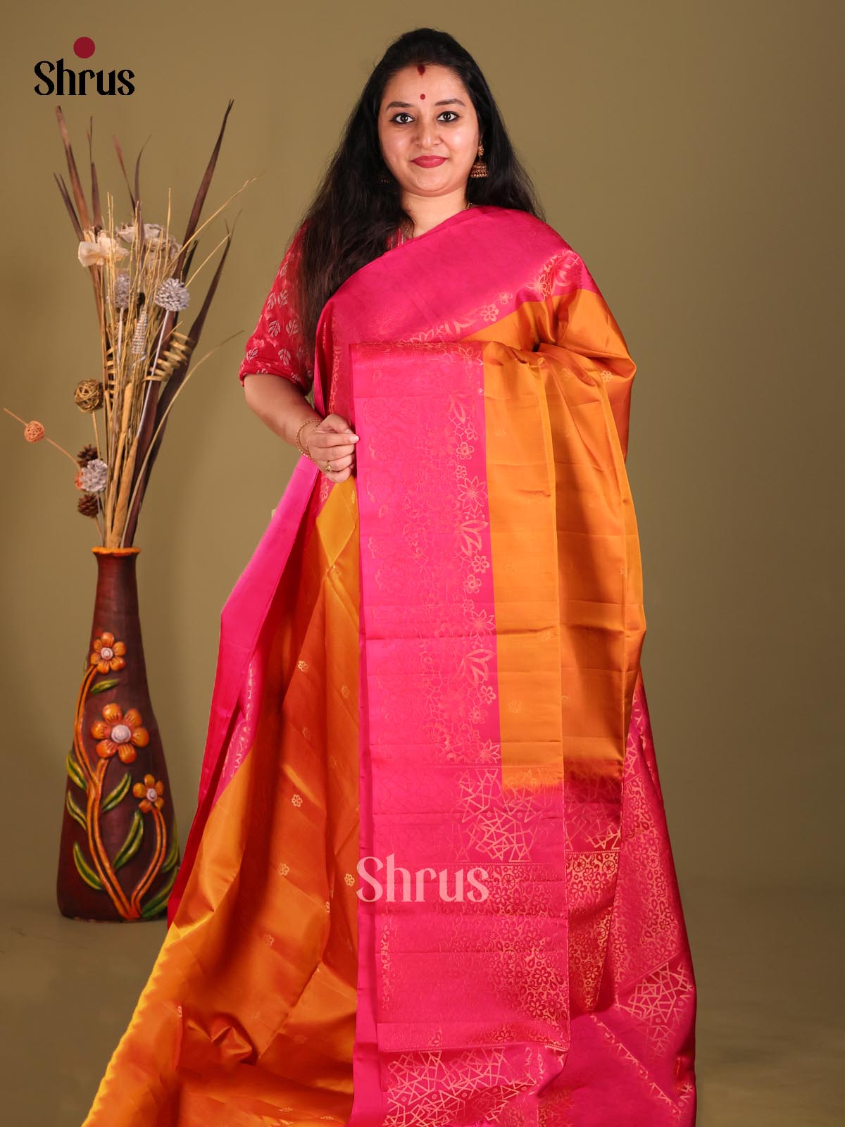 Mustard & Pink Soft Silk Saree gleams with gold zari floral buttas-1