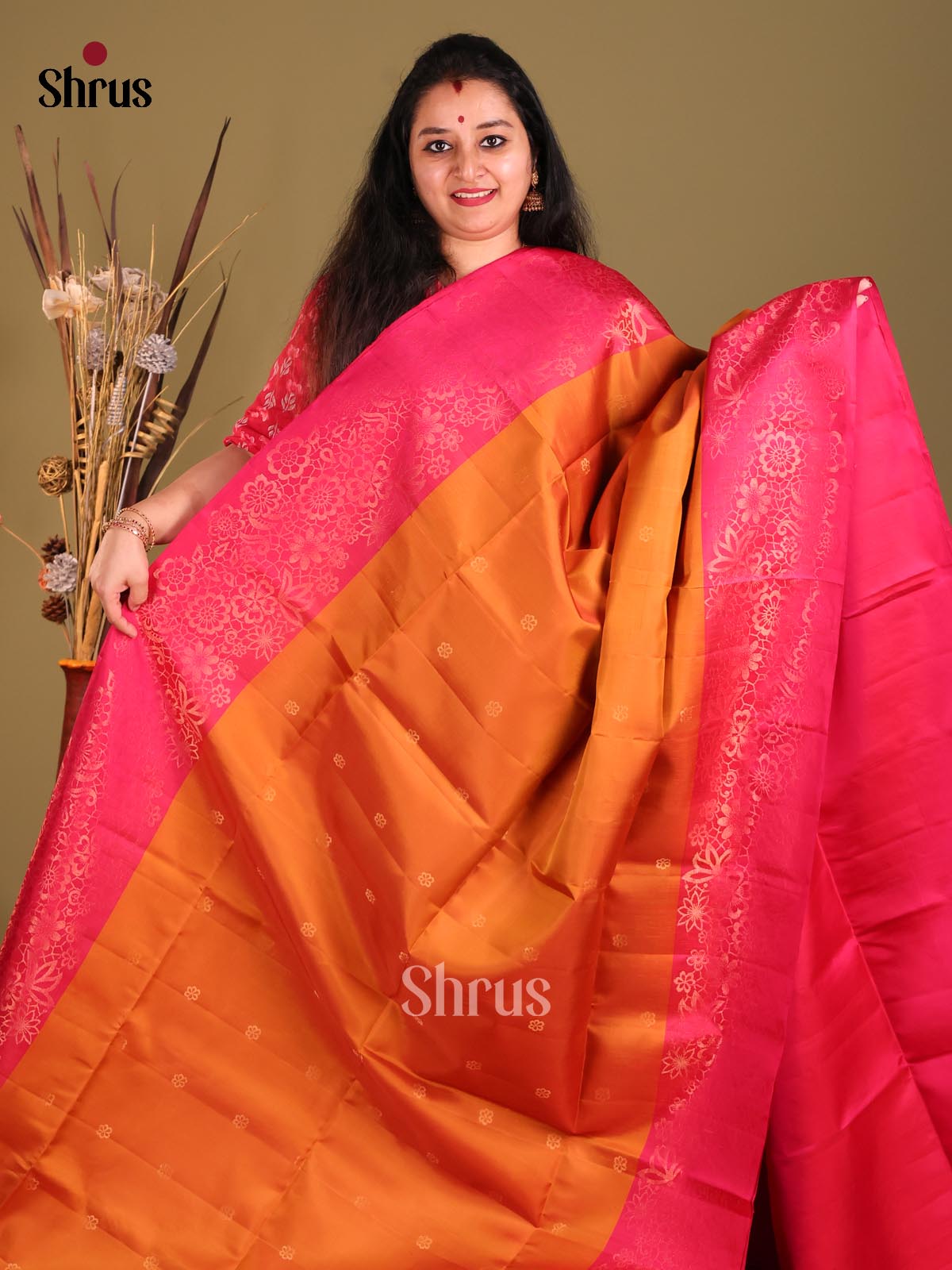 Mustard & Pink Soft Silk Saree gleams with gold zari floral buttas-2