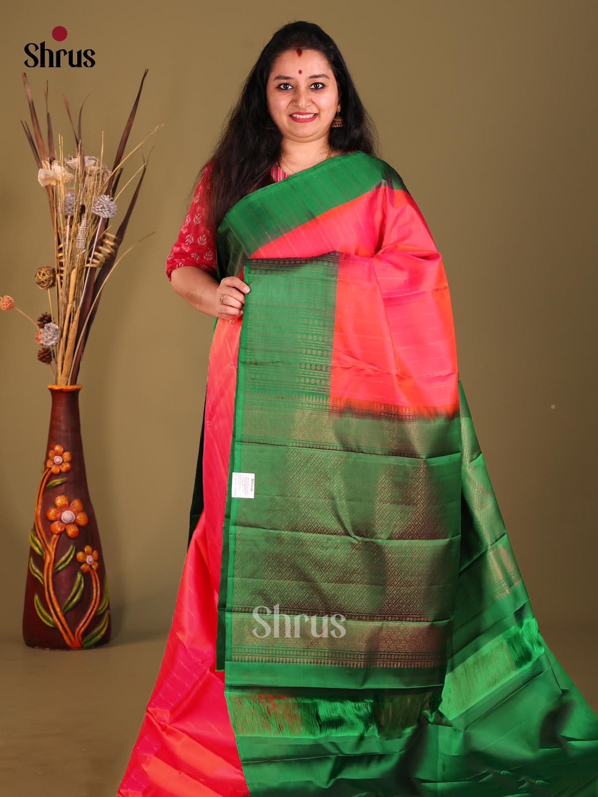 Orangish Pink & Green Soft Silk Saree with thread woven stripes-1