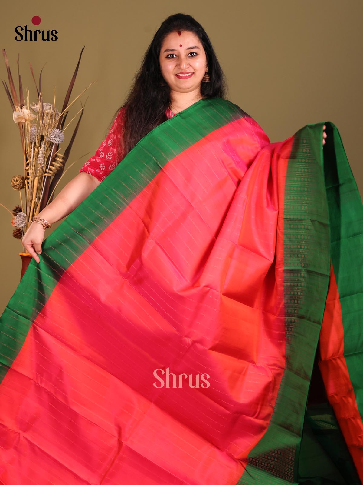 Orangish Pink & Green Soft Silk Saree with thread woven stripes-2