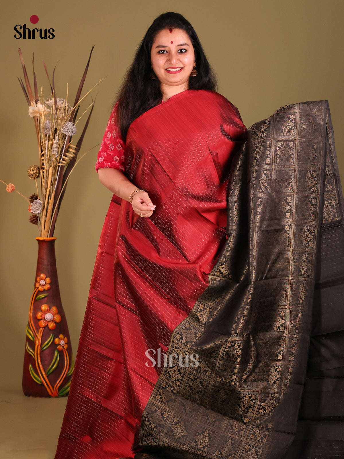 Maroon & Black  half & Half Soft Silk Saree with zari stipes-2