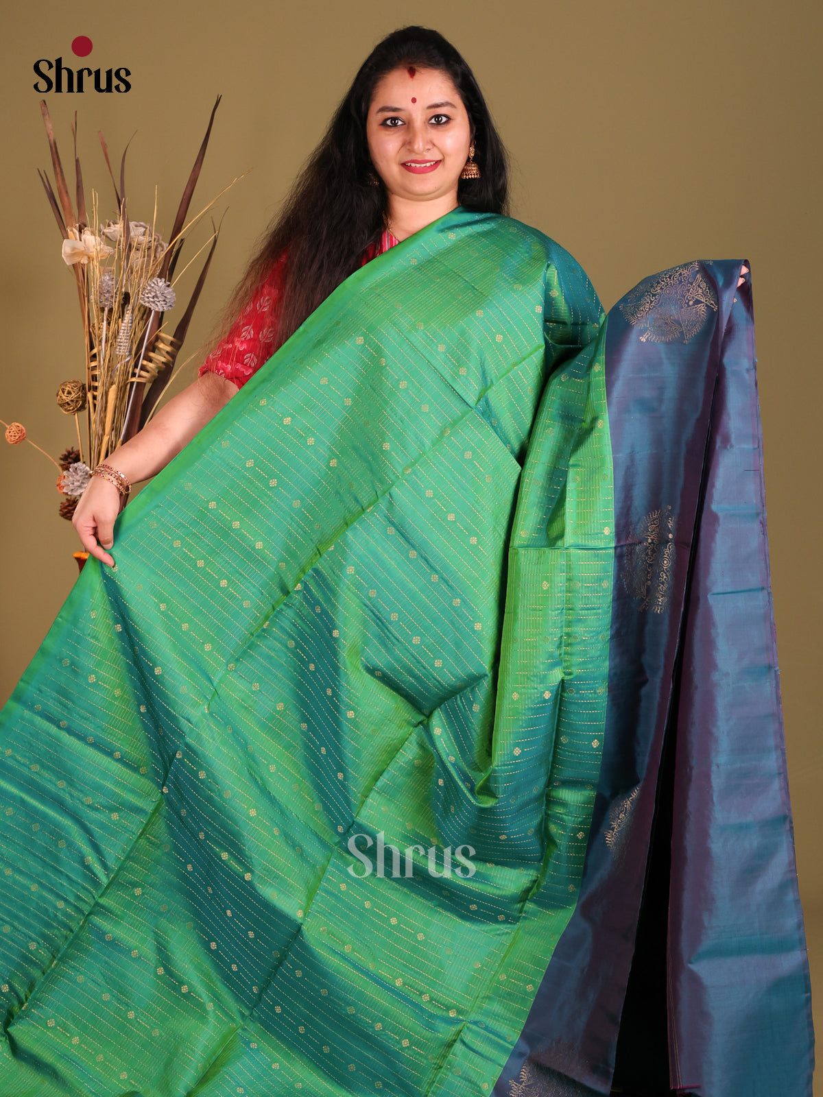 Green & Blue Soft Silk Saree with zari brocade pallu-2