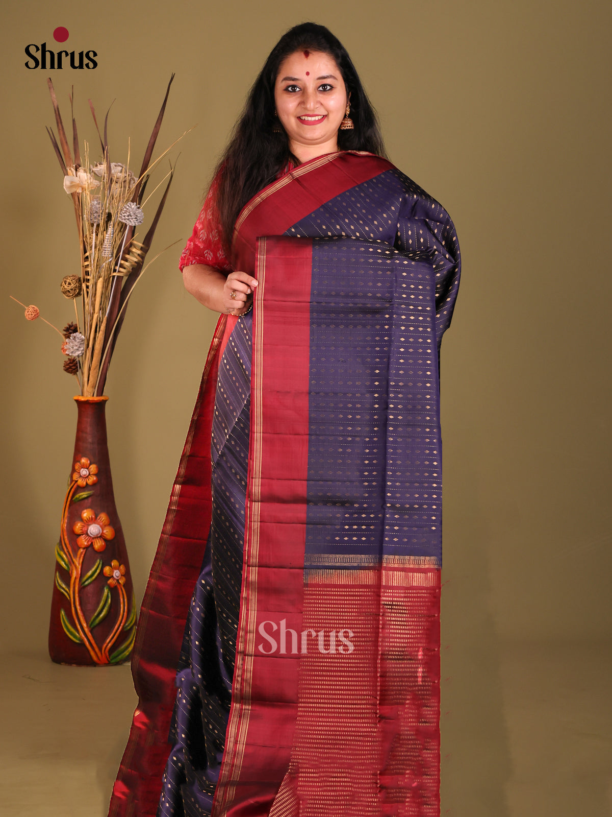 Blue & Maroon Soft Silk Saree with zari stripes-1