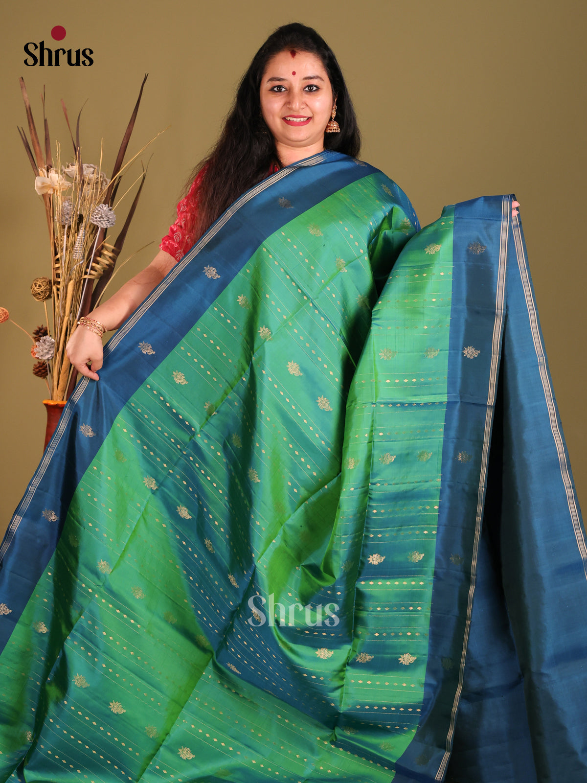 Green & Blue Soft Silk Saree with zari buttas , Stripes - Shop on Shrus.com