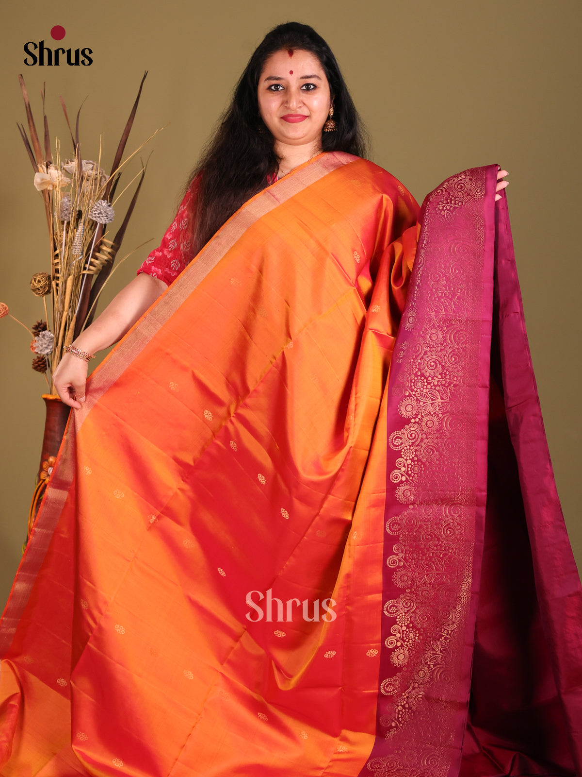 Orange & Maroon Soft Silk Saree with contrast Zari brocade Pallu - Shop on Shrus.com