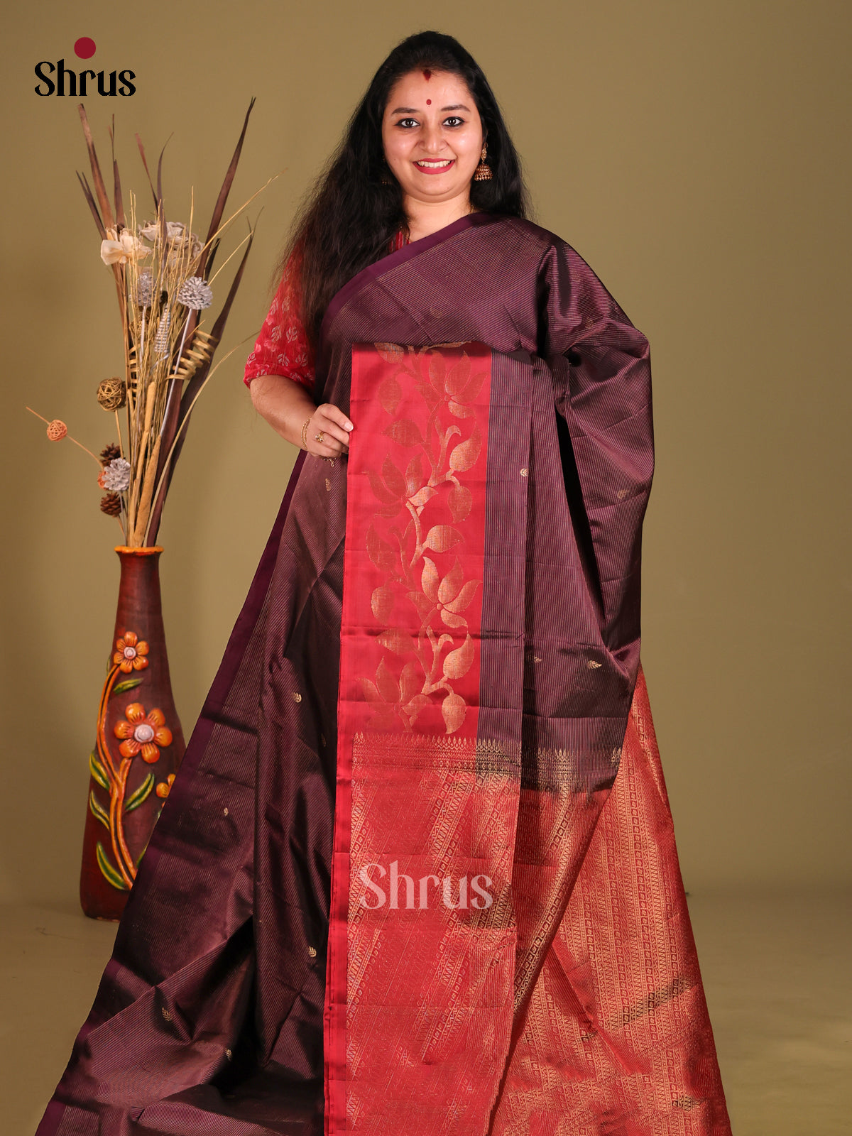 Jamun & Red Soft Silk Saree with zari stripes, buttas-1