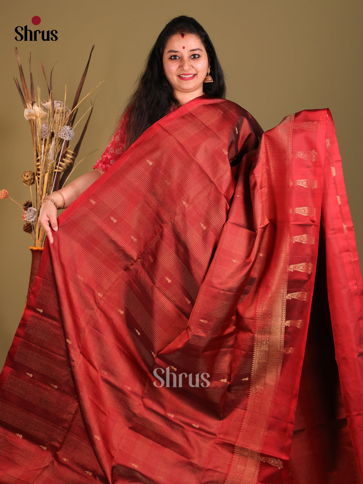 Maroon single Tone Soft Silk Saree with zari checks , buttas-2