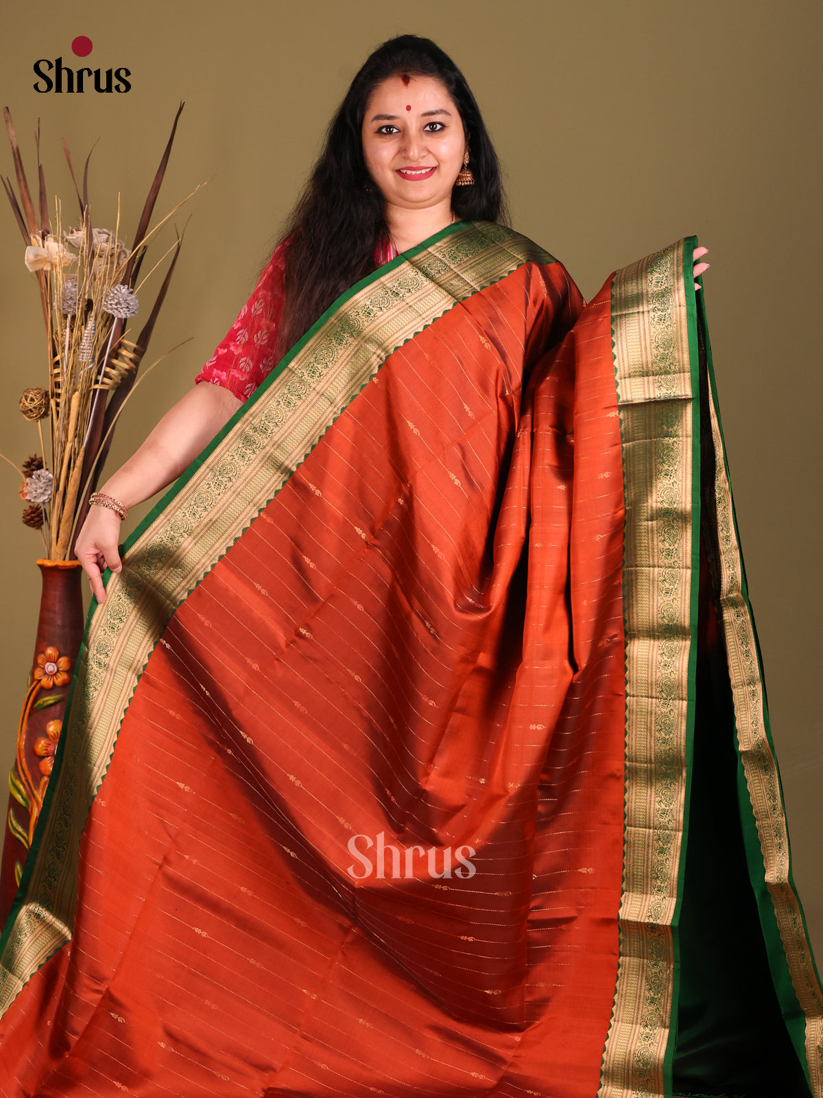 Rust & Green Soft Silk Saree sizzles with zari stripes-2