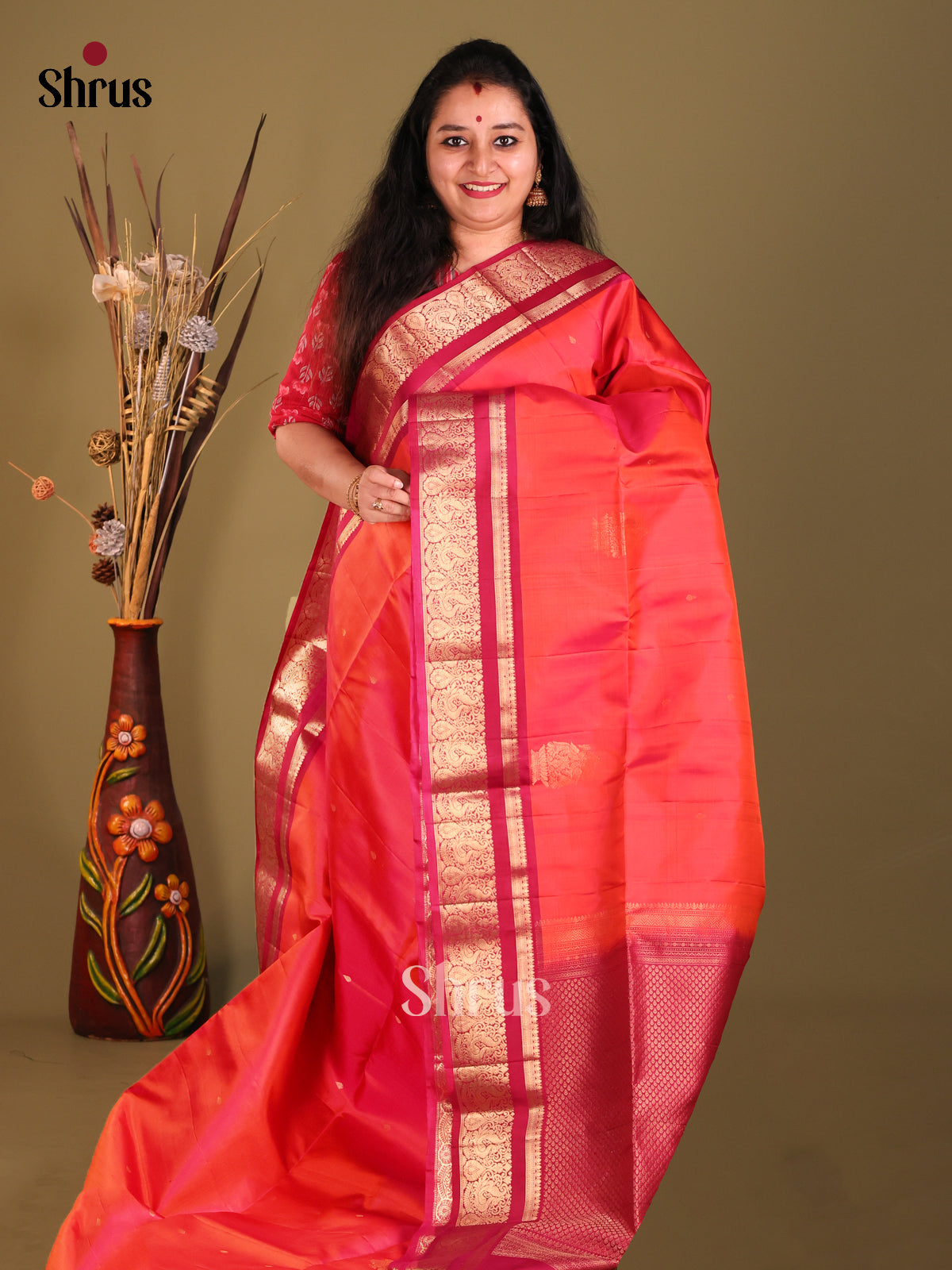Orangish Pink & Maroon Soft Silk Saree with rich peacock vines zari border-1