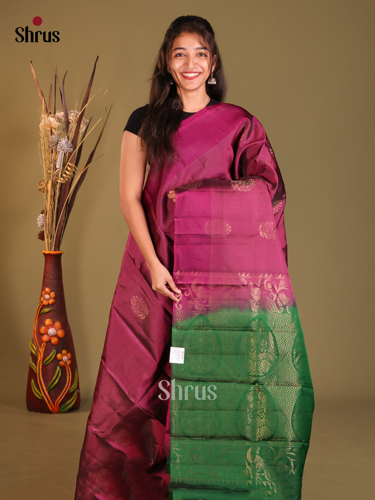 Purple & Green Softsilk-halfpure Saree with zari floral motifs - Shop on Shrus.com