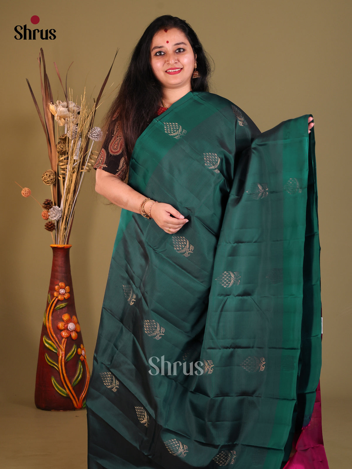 Green & Maroon  Softsilk-halfpure Saree with gold zari motifs - Shop on Shrus.com