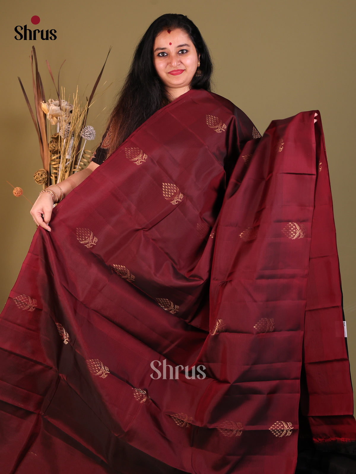 Maroon & Black Borderless  Softsilk-halfpure Saree with zari floral buttas - Shop on Shrus.com