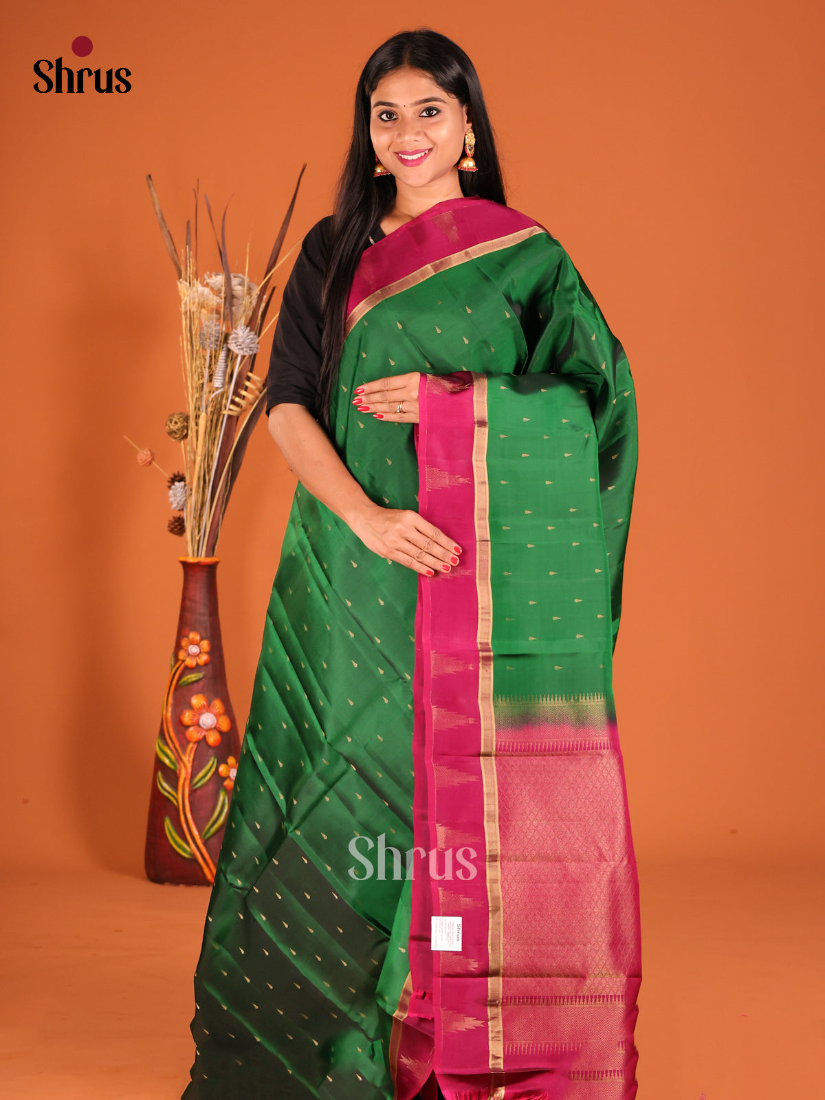 Green & Purple Softsilk-halfpure Saree gleams with zari buttas - Shop on Shrus.com