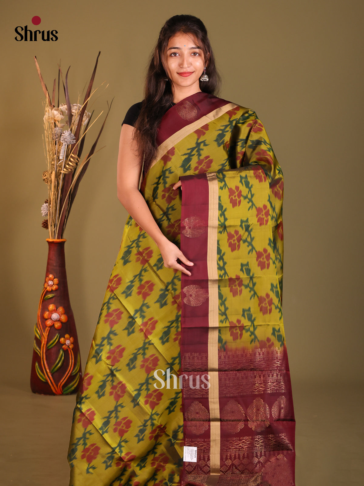 Green & Maroon Softsilk-halfpure Saree with ikkat floral nestling - Shop on Shrus.com