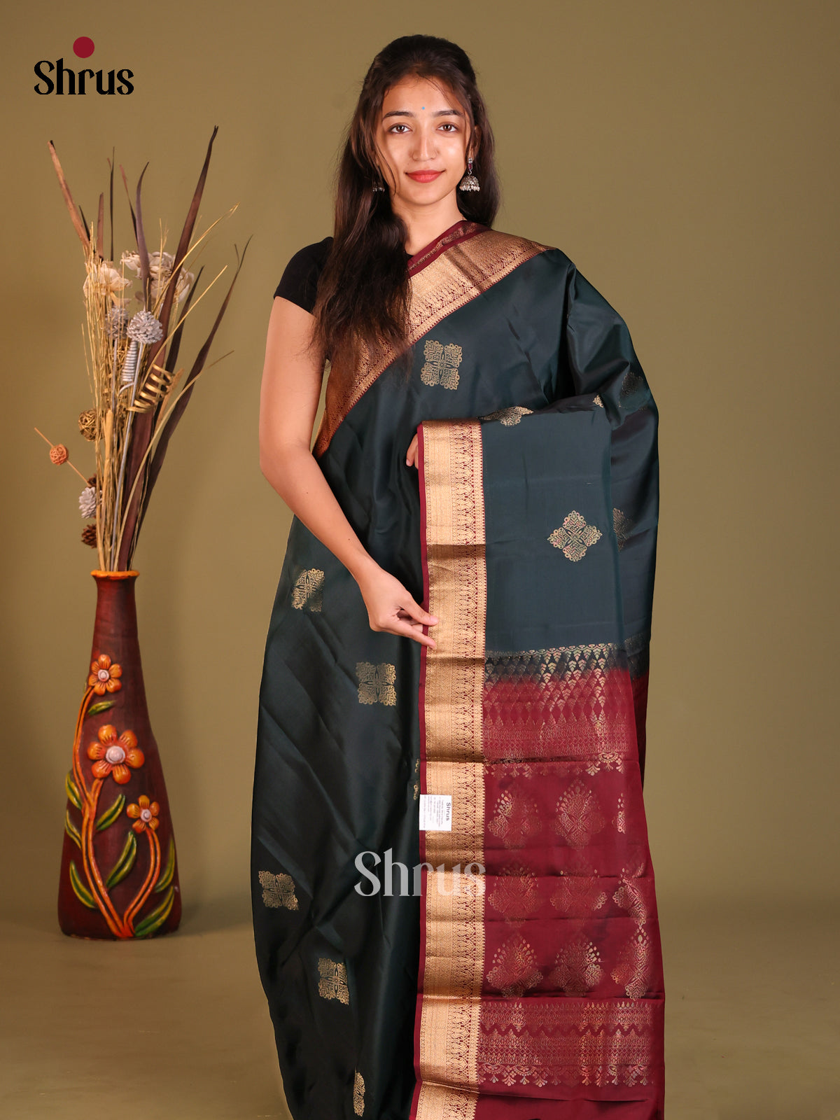 Peacock Green & Maroon Softsilk-halfpure Saree with zari floral buttas - Shop on Shrus.com