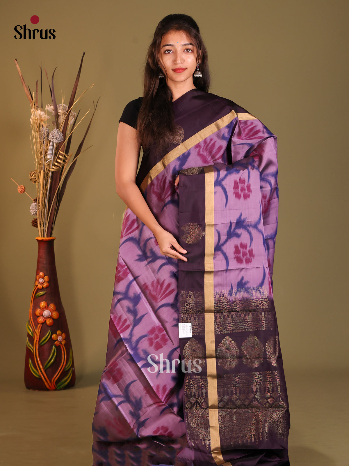Lavender & Violet  Softsilk-halfpure Saree with ikkat floral nestling - Shop on Shrus.com