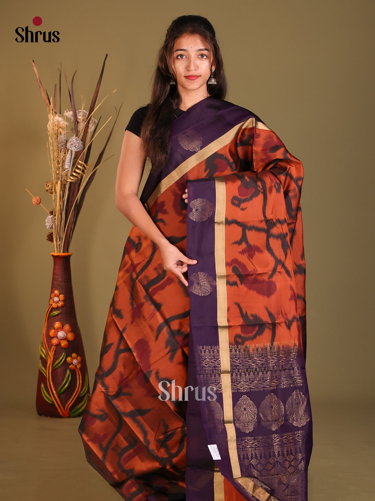 Rust & Violet Softsilk-halfpure Saree with ikkat floral nestling - Shop on Shrus.com
