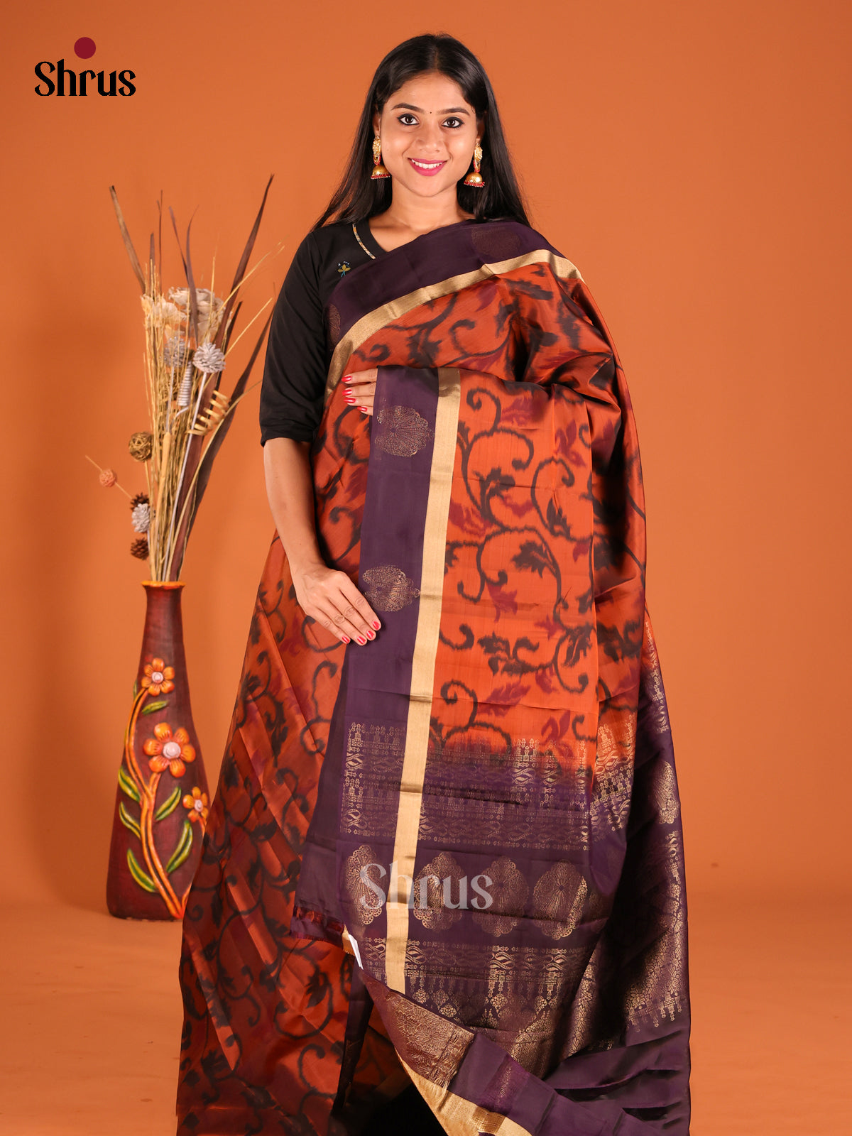 Rust & Violet Softsilk-halfpure Saree with ikkat floral nestling - Shop on Shrus.com