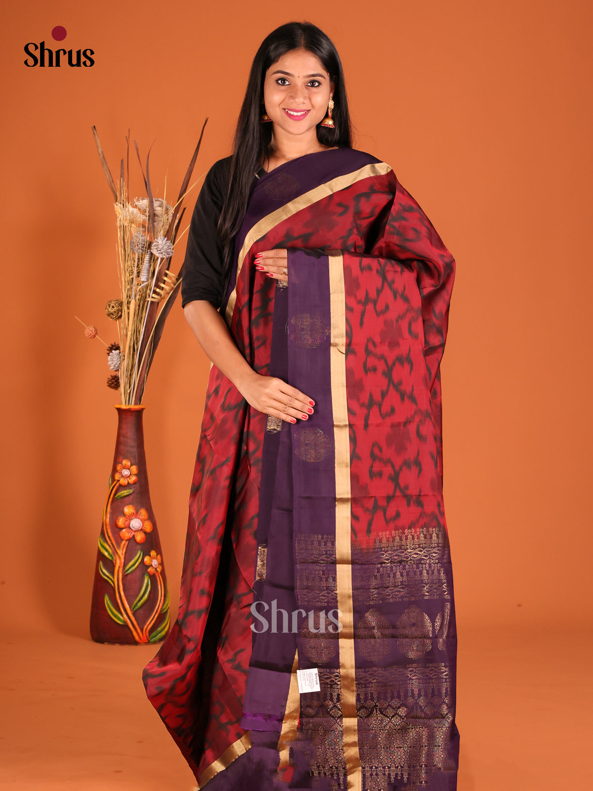Maroon  & Violet Softsilk-halfpure Saree with ikkat floral nestling - Shop on Shrus.com