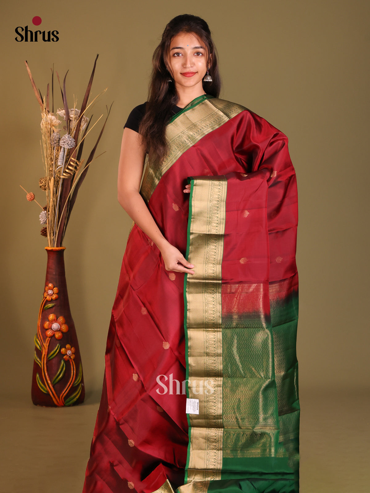 Maroon & Green Softsilk-halfpure Saree with rich traditional zari border - Shop on Shrus.com