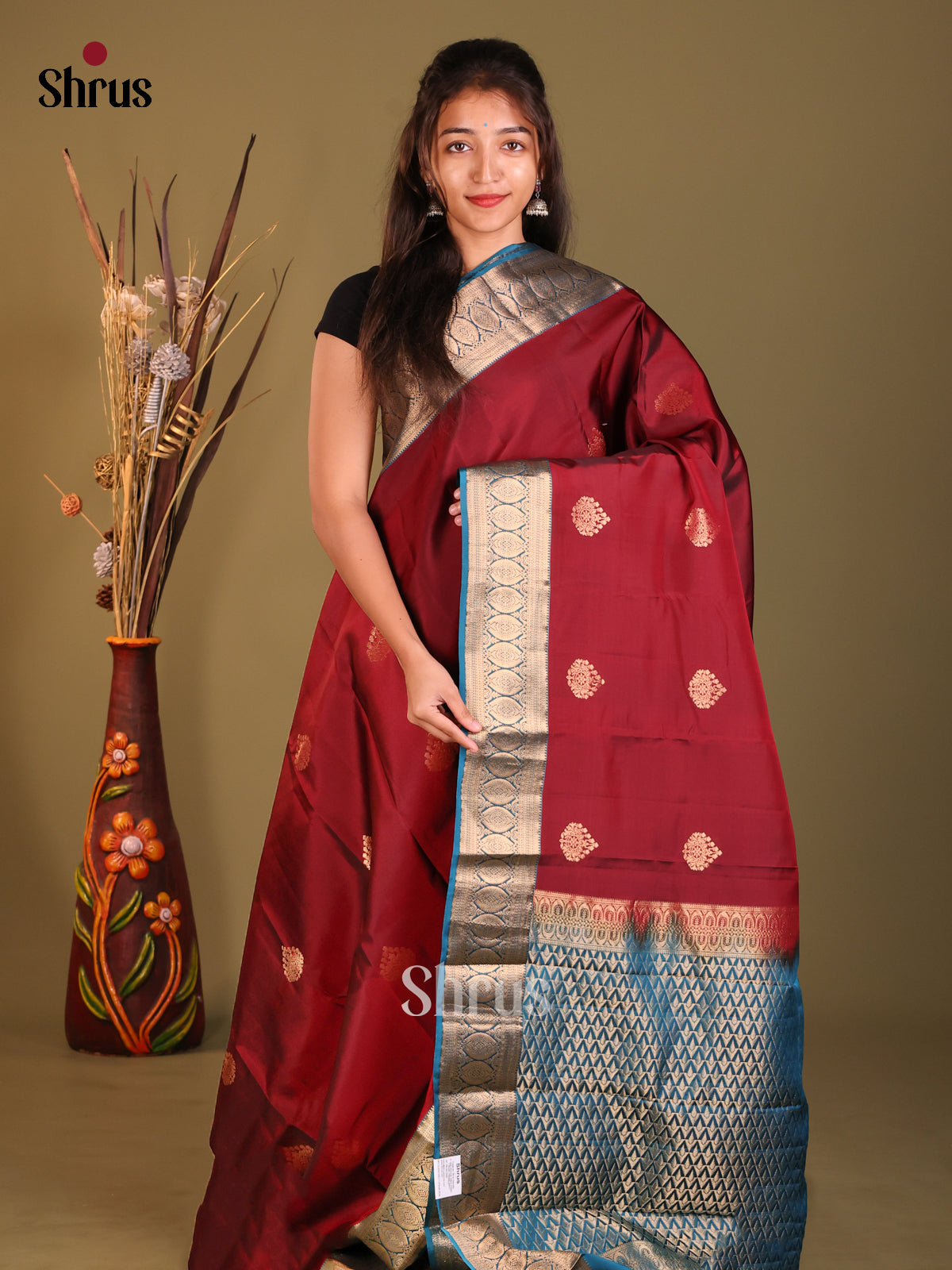 Maroon & Blue Softsilk-halfpure Saree with zari floral buttas - Shop on Shrus.com