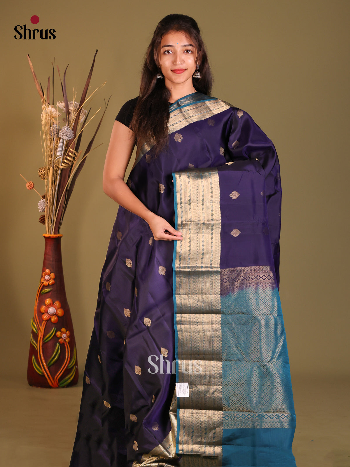 Violet & Blue Softsilk-halfpure Saree with contrast traditional zari border - Shop on Shrus.com