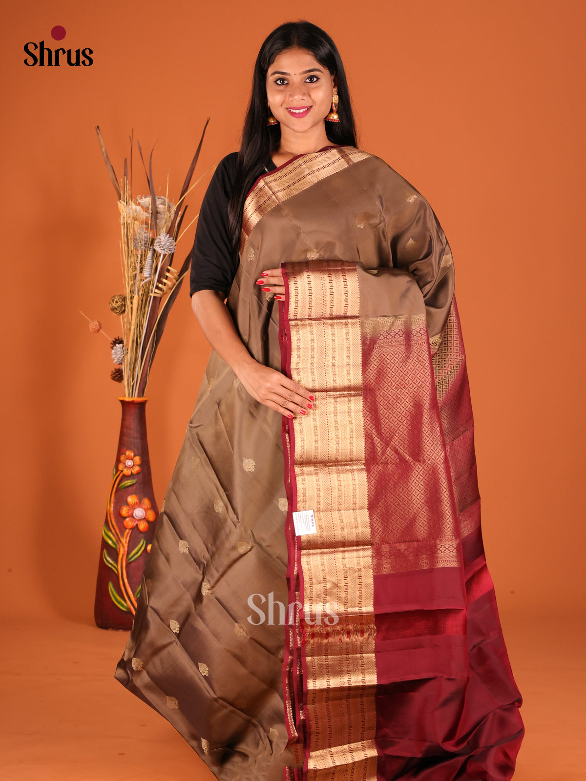 Grey & Maroon Softsilk-halfpure Saree with zari floral buttas - Shop on Shrus.com