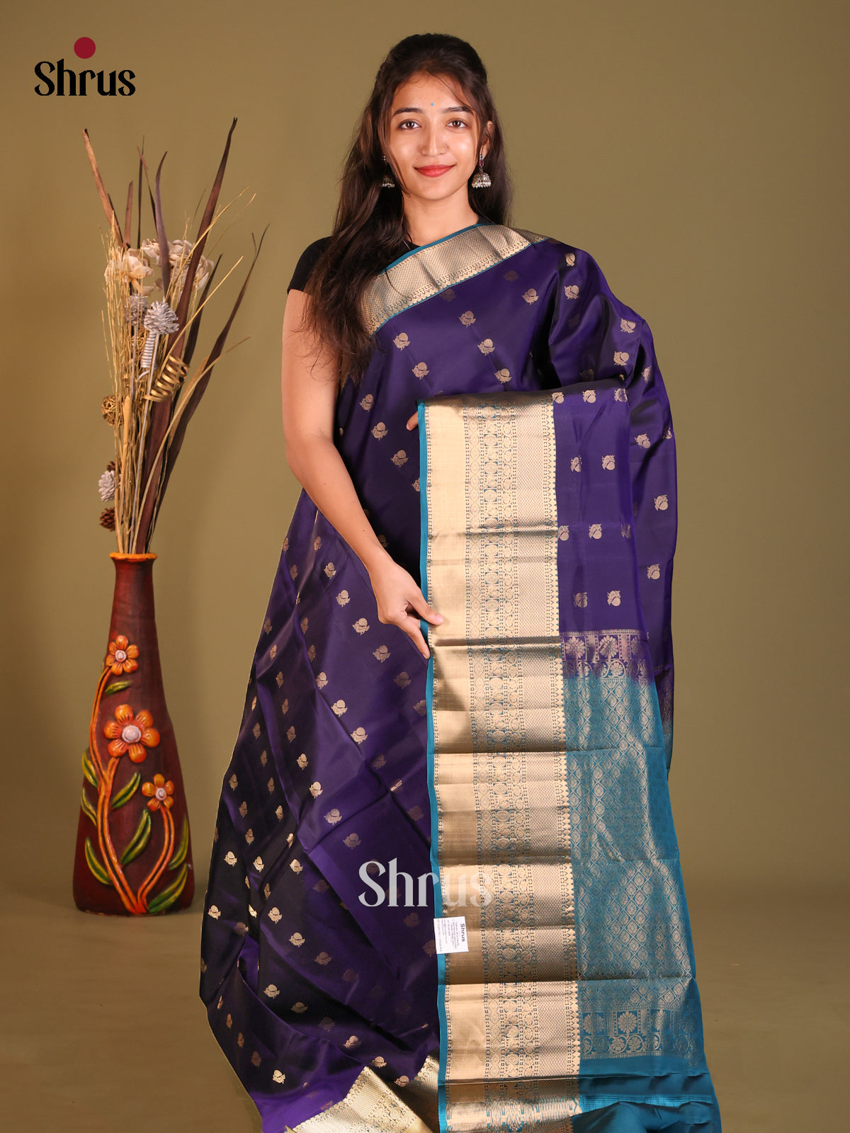Violet & Blue Softsilk-halfpure Saree with zari peacock buttas - Shop on Shrus.com