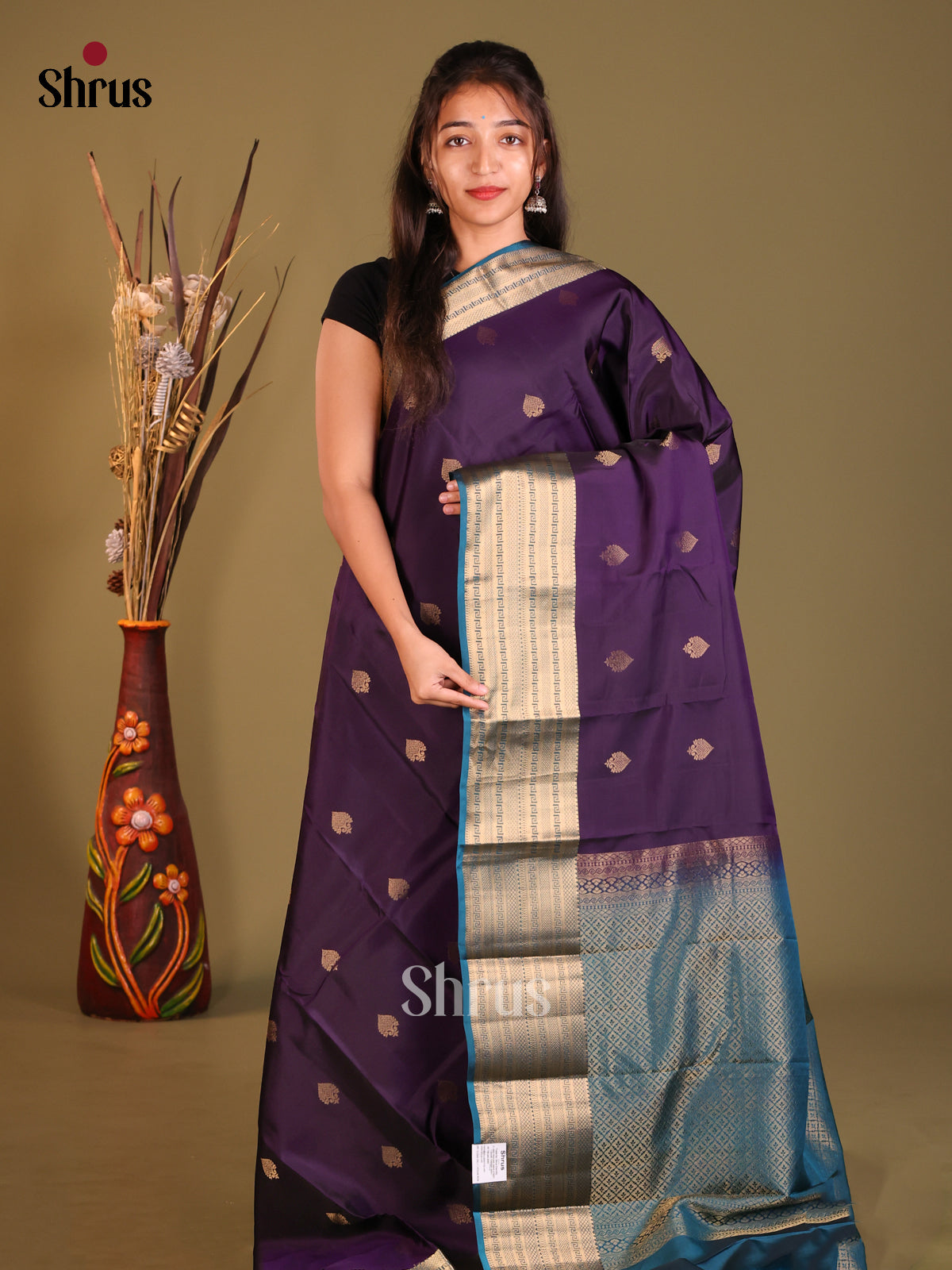 Violet & Blue Softsilk-halfpure Saree gleam with gold zari floral buttas - Shop on Shrus.com