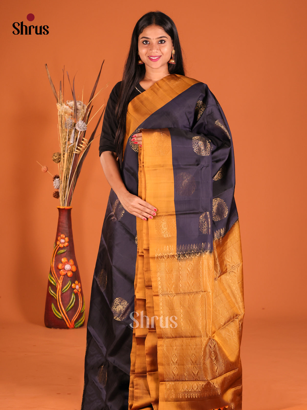 Blue & Mustard  Softsilk-halfpure Saree with zari floral motifs
