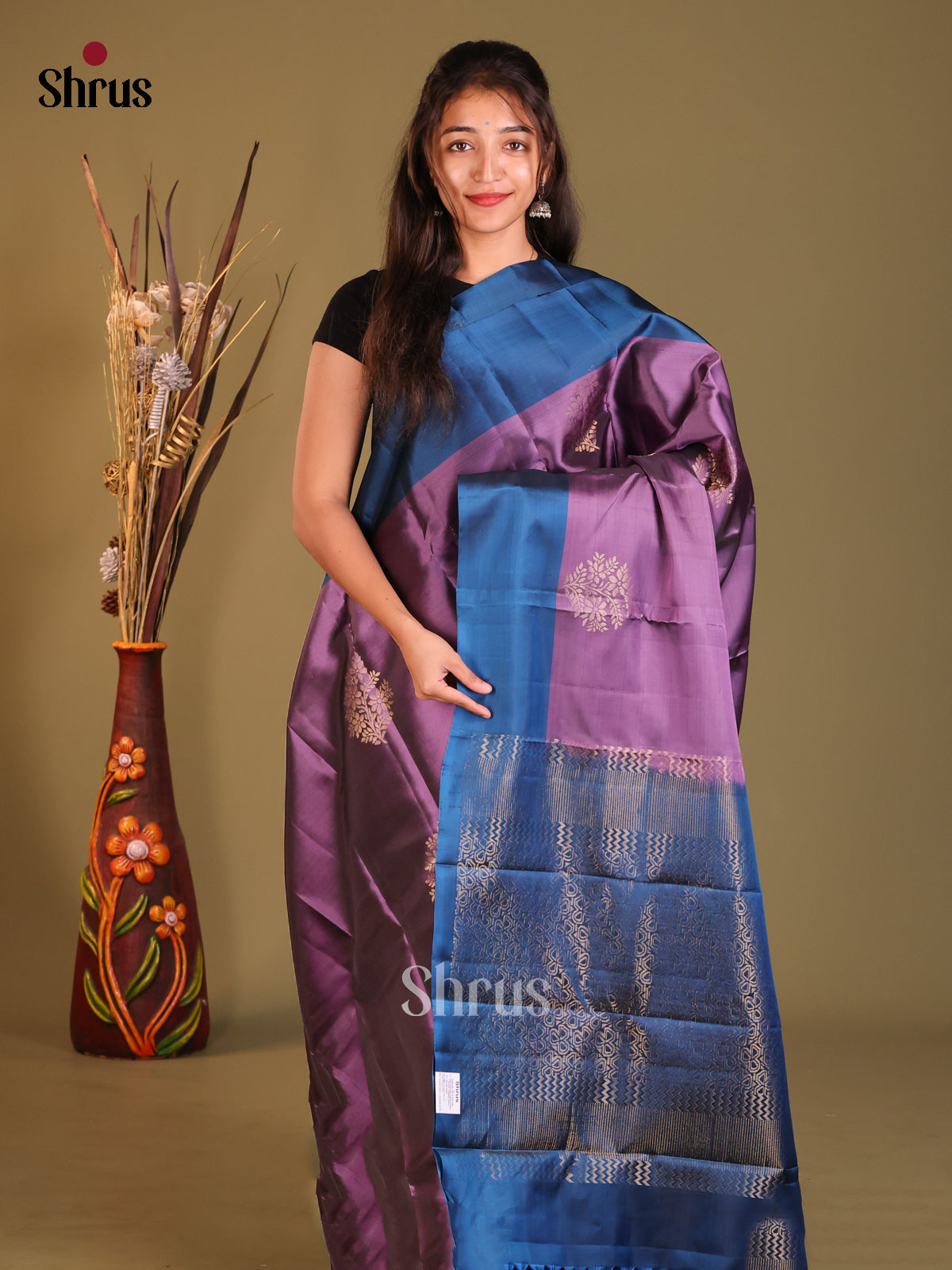 Dark Lavender & Blue  Softsilk-halfpure Saree with godl zari floral motifs - Shop on Shrus.com