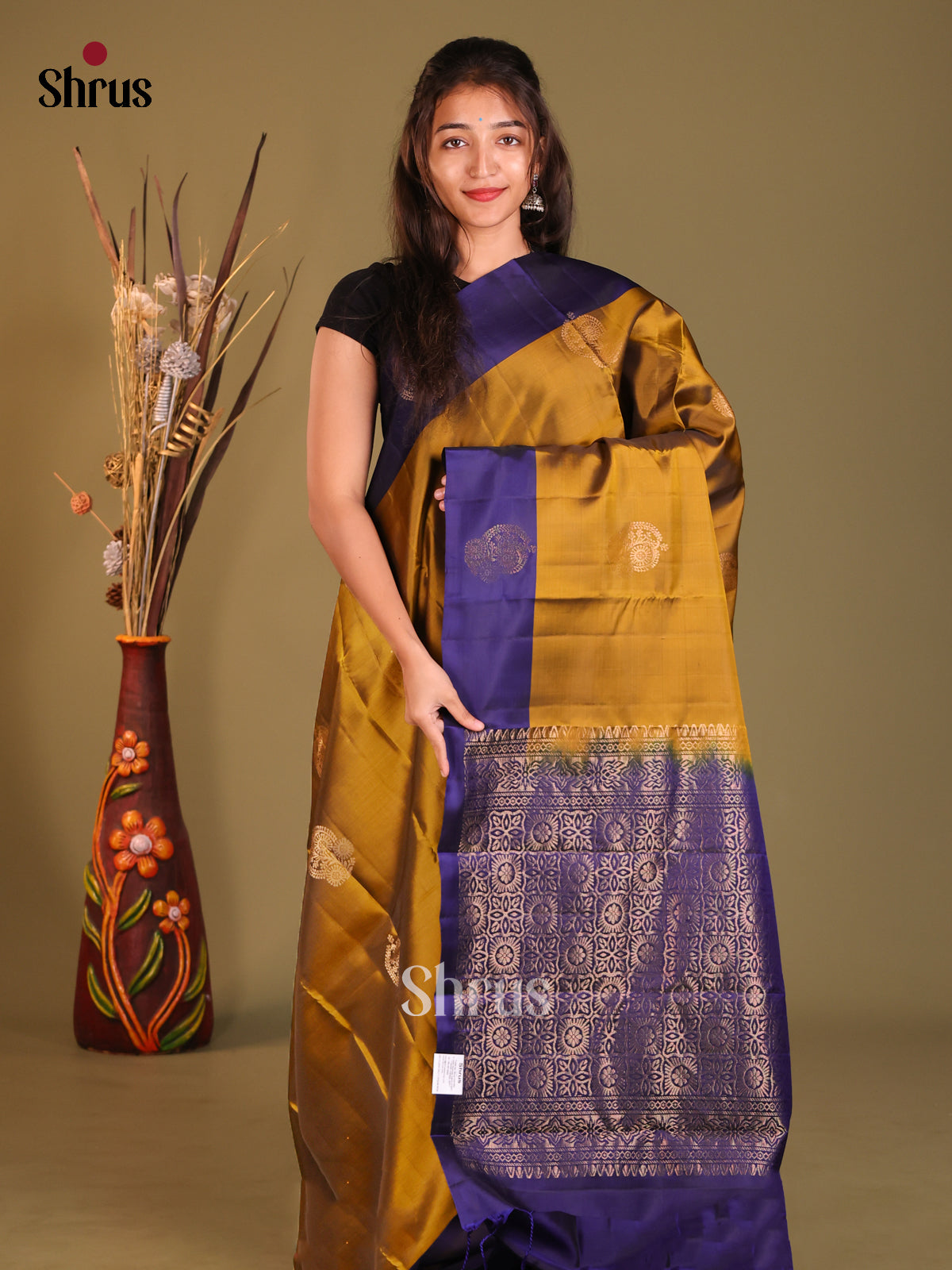 Mustard & Blue Softsilk-halfpure Saree with zari floral motifs - Shop on Shrus.com