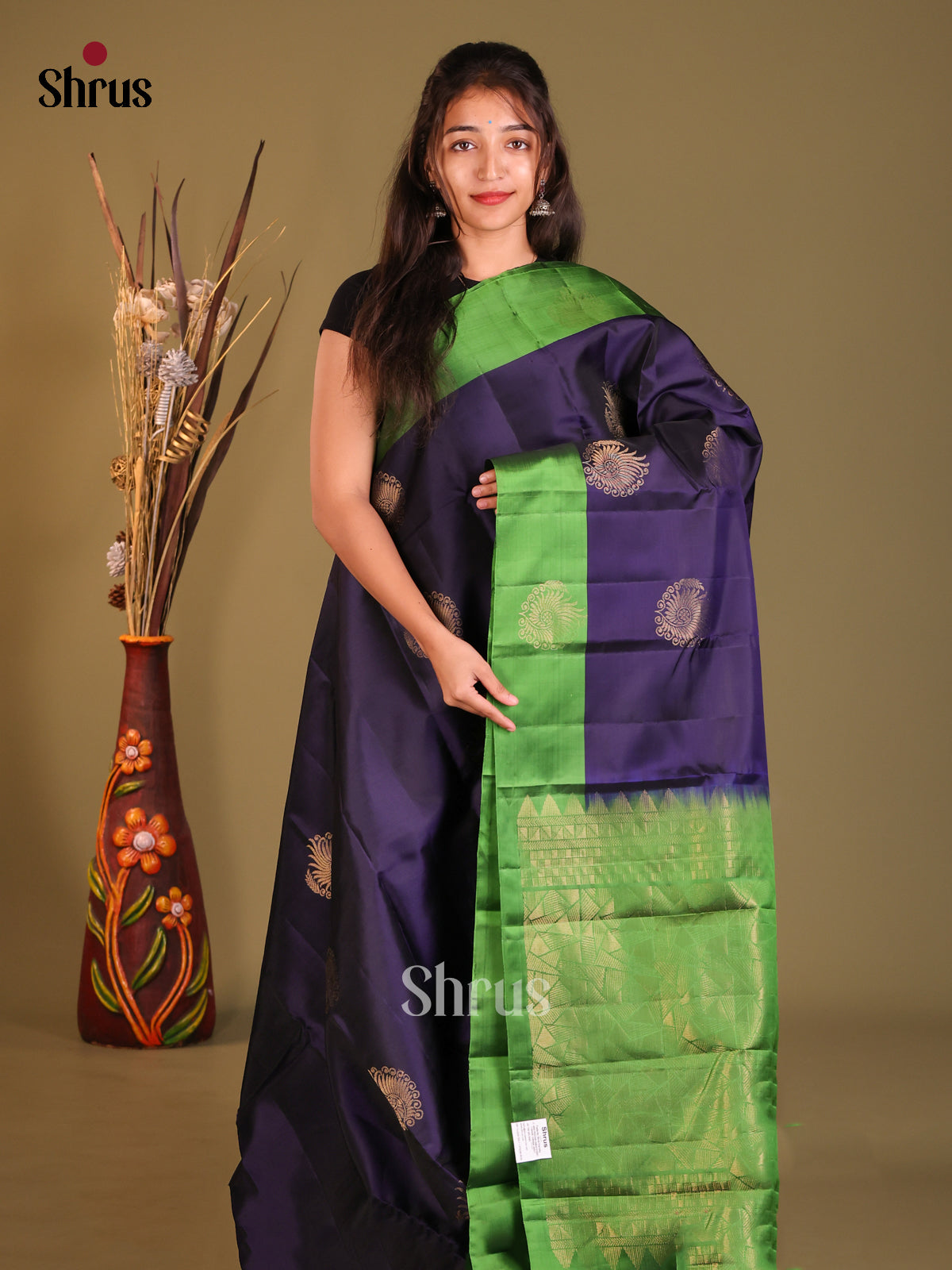 Violet & Green Softsilk-halfpure Saree with zari floral motifs - Shop on Shrus.com