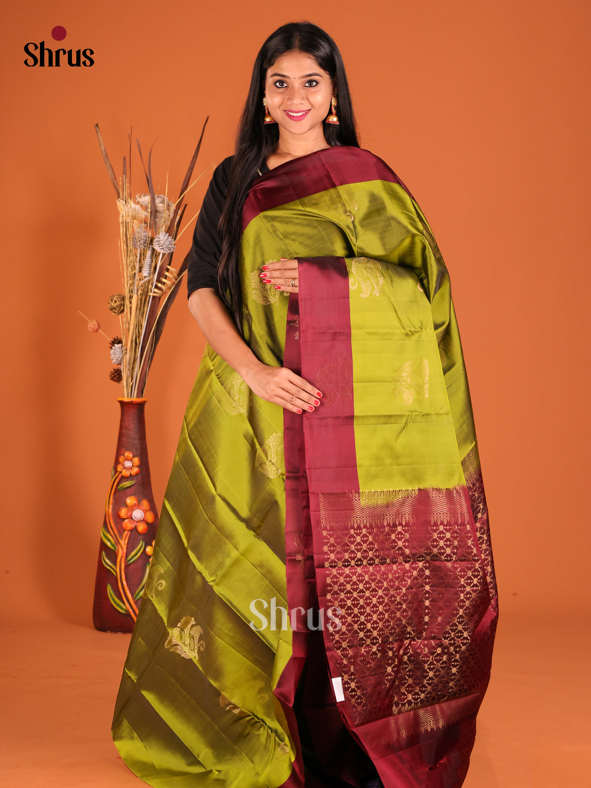 Green & Maroon  Softsilk-halfpure Saree with zari floral motifs - Shop on Shrus.com