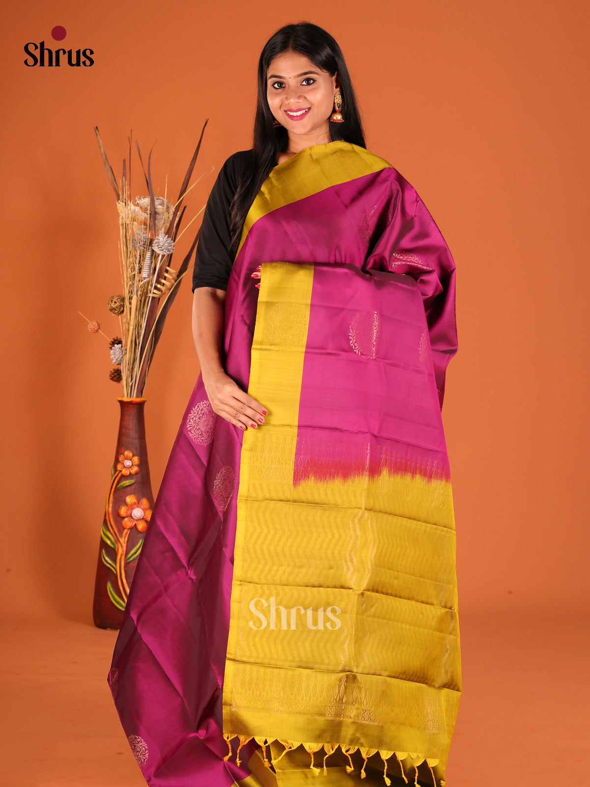 Purple & Mustard Softsilk-halfpure Saree with zari floral motifs - Shop on Shrus.com
