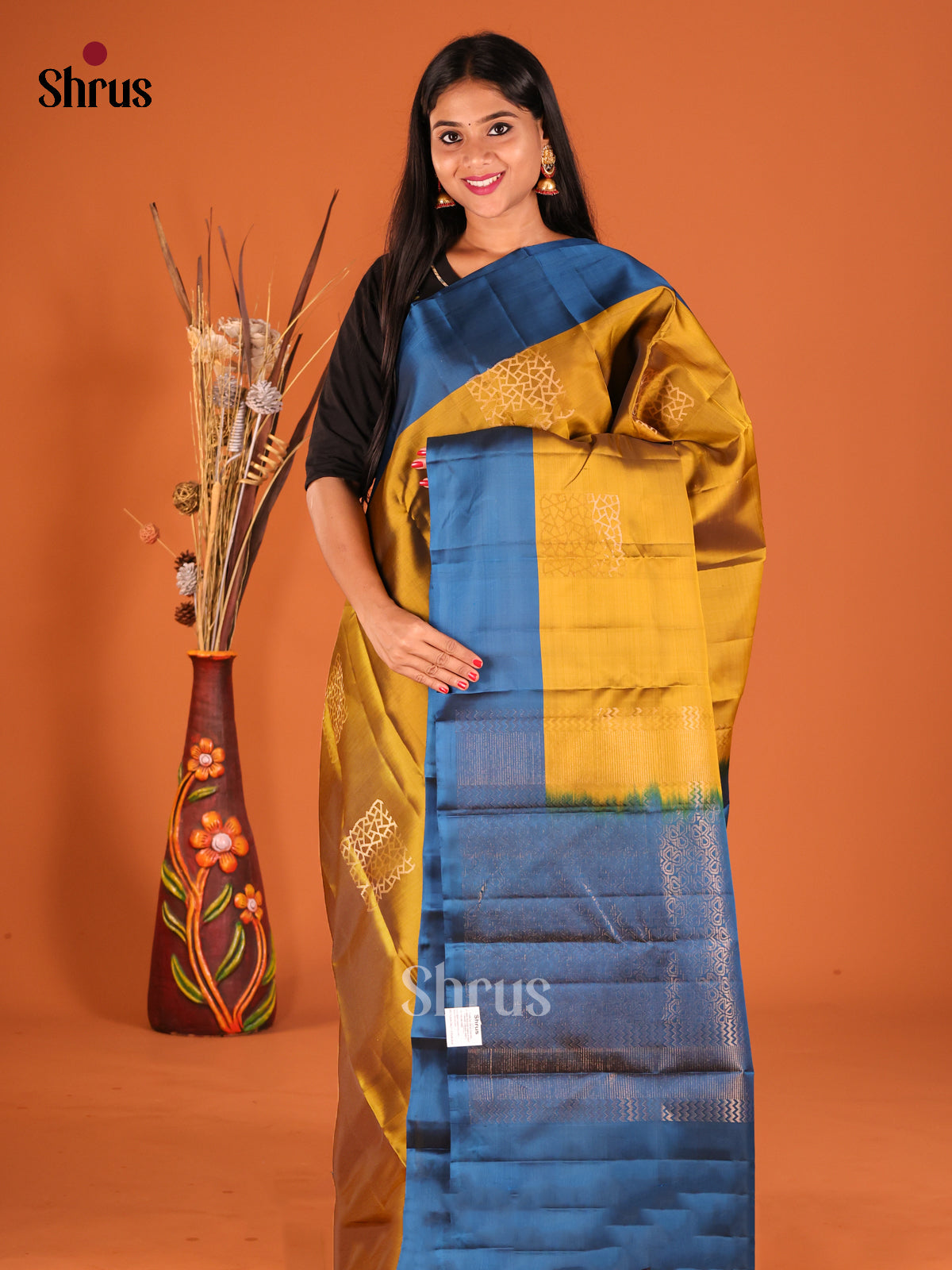 Mustard & Blue Softsilk-halfpure Saree with zari block motifs - Shop on Shrus.com