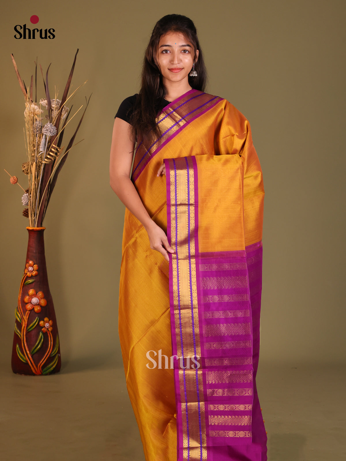 Mustard & Purple Silk Cotton  Korvai-Small border Saree - Shop on Shrus.com