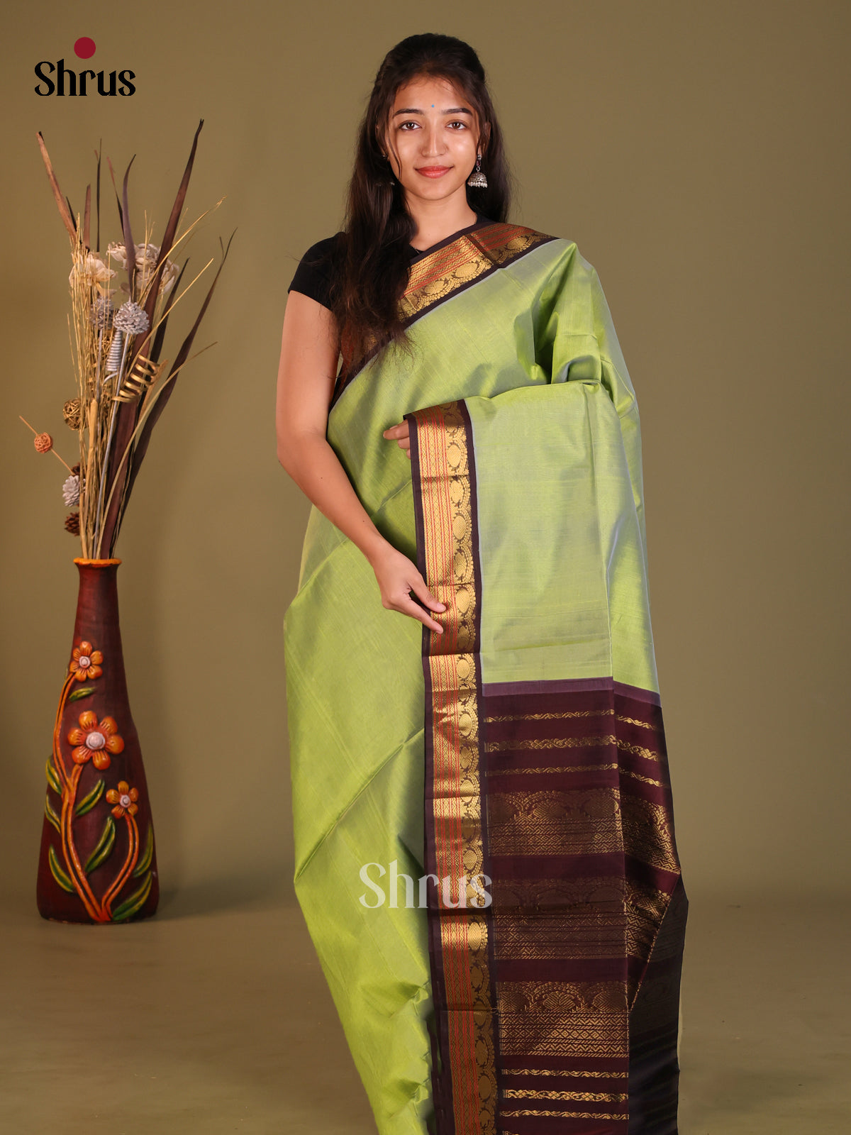 Green & Brown Silk Cotton Korvai-Small border Saree - Shop on Shrus.com