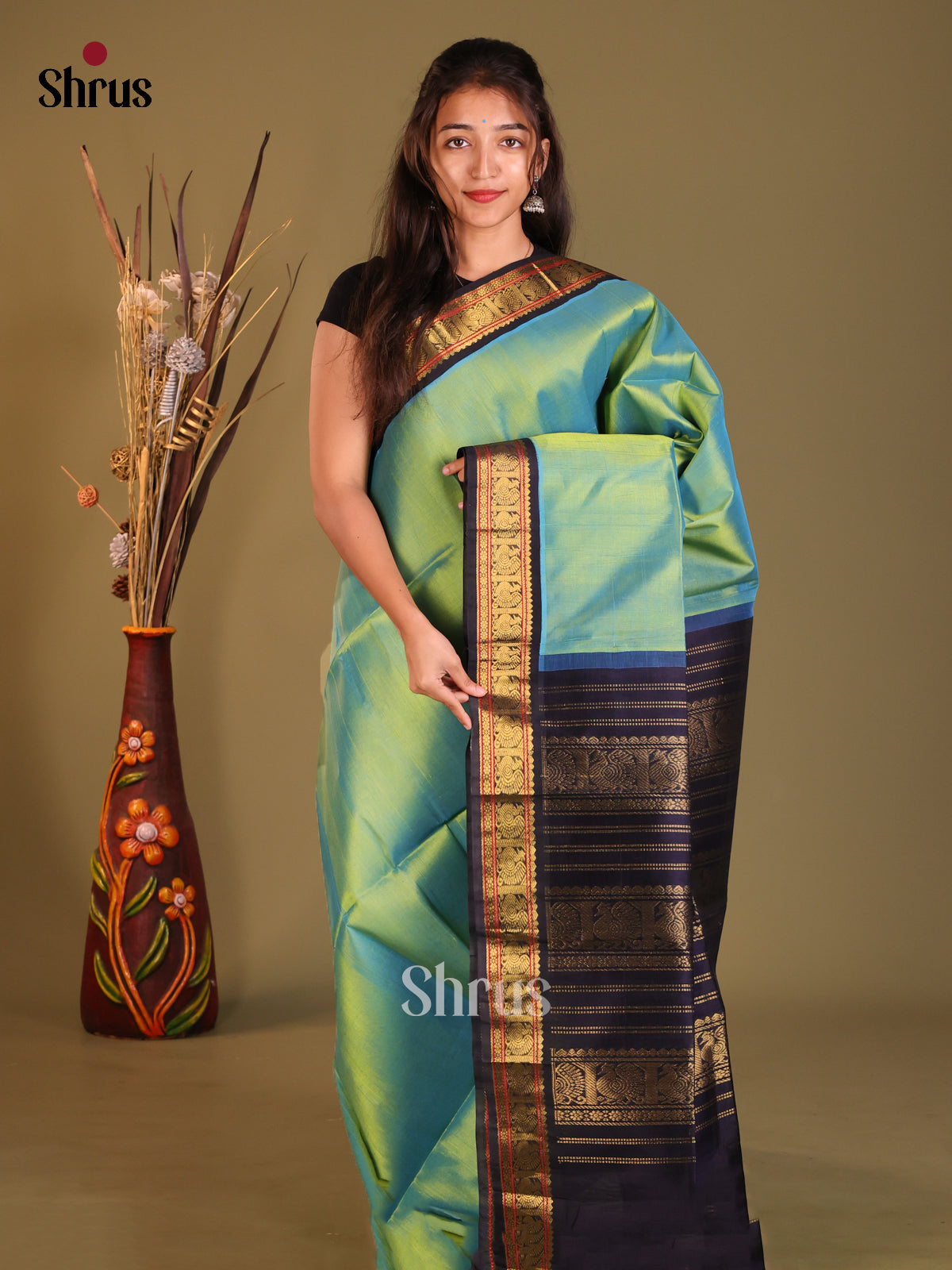 Green & Blue Silk Cotton Korvai-Small border Saree - Shop on Shrus.com