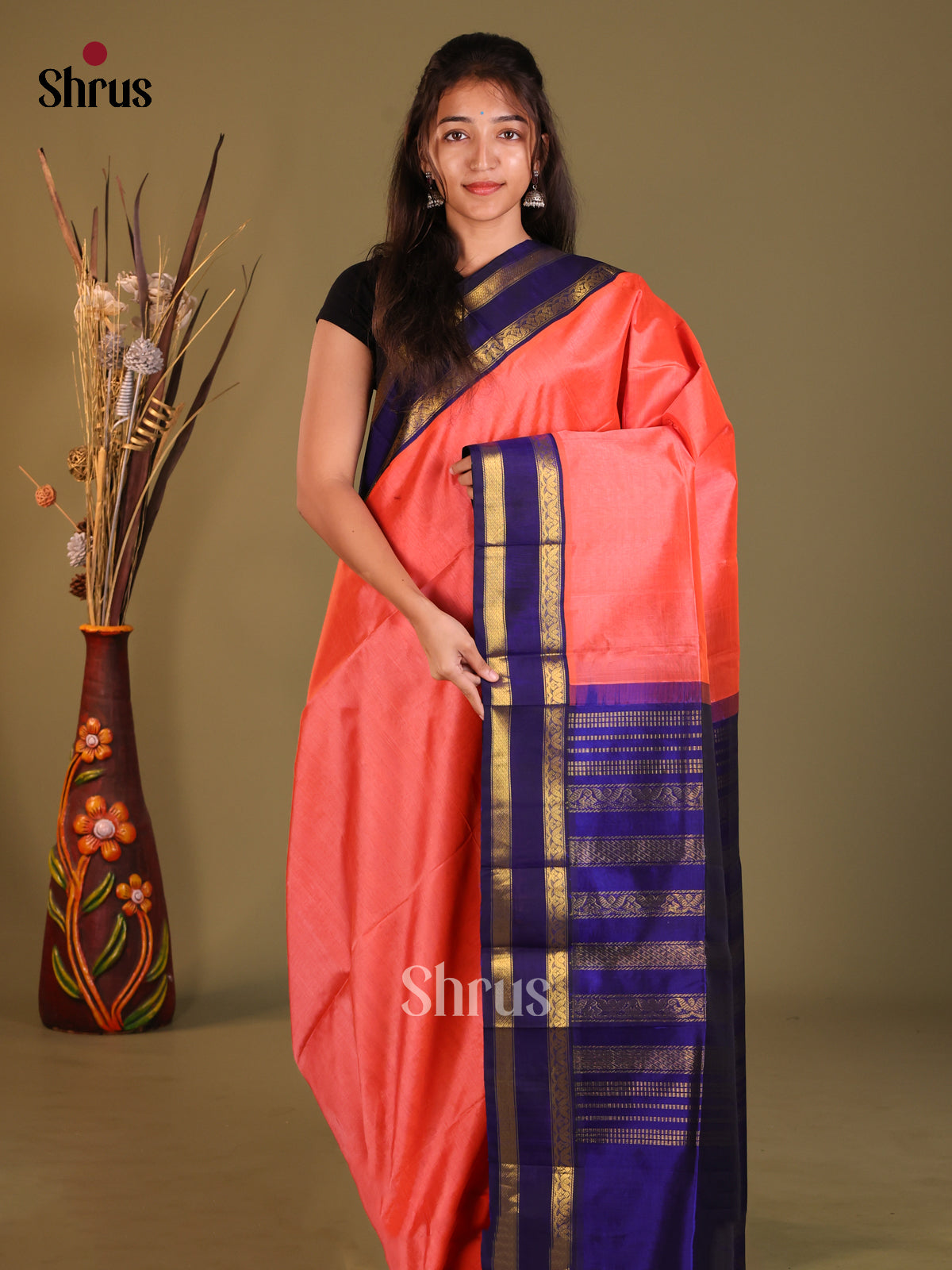 Orangish Pink & Blue Silk Cotton Korvai-Small border Saree - Shop on Shrus.com