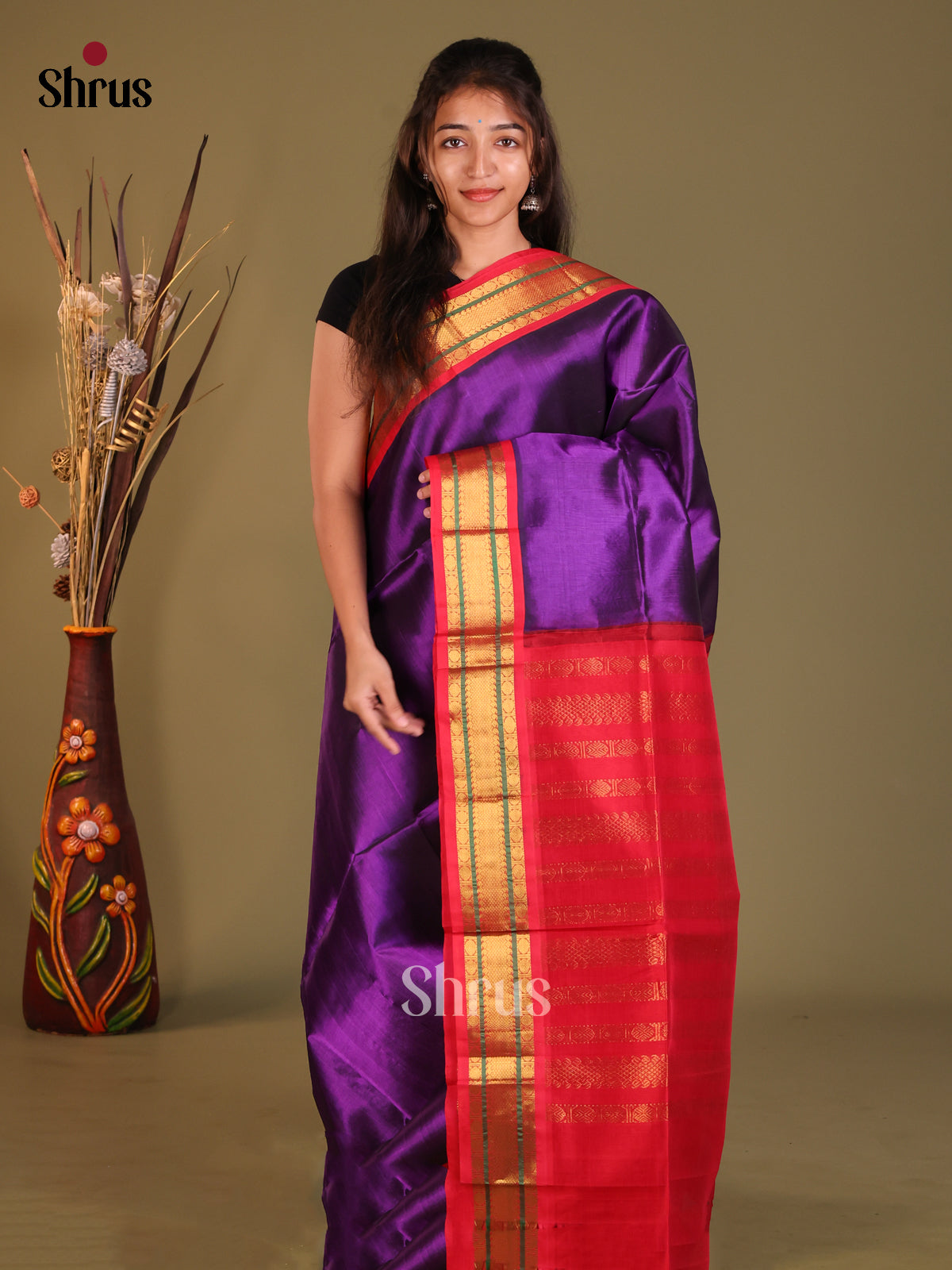 Violet & Red Silk Cotton Korvai-Small border Saree - Shop on Shrus.com