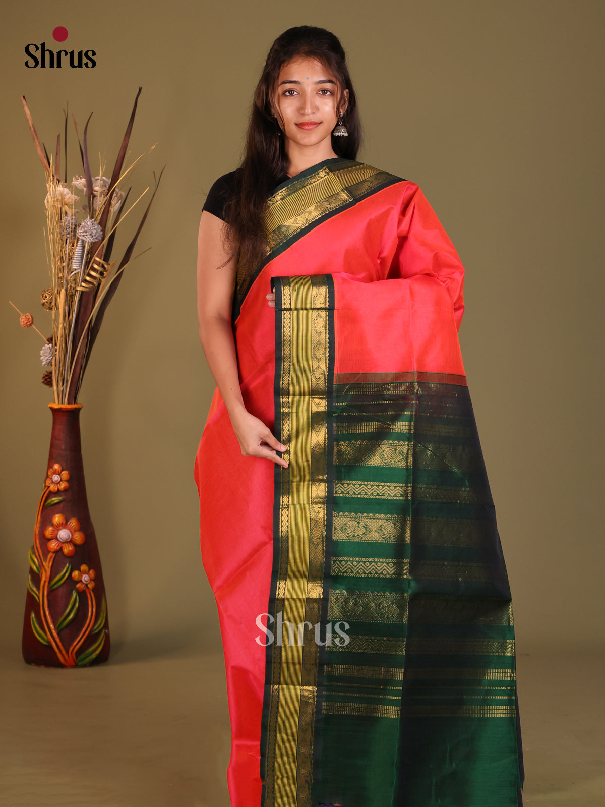 Orangish Pink & Green Silk Cotton  Korvai-Small border Saree - Shop on Shrus.com