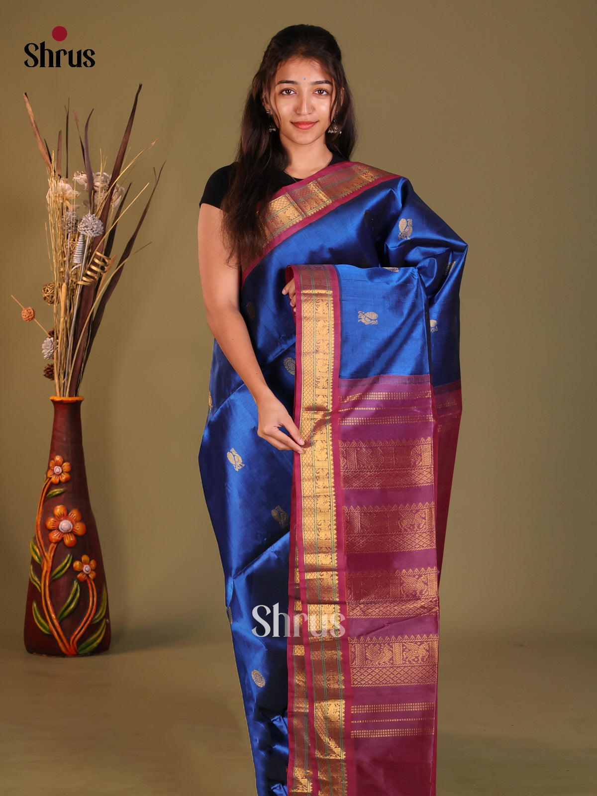 Blue & Maroon Silk Cotton  Korvai-Small border Saree
