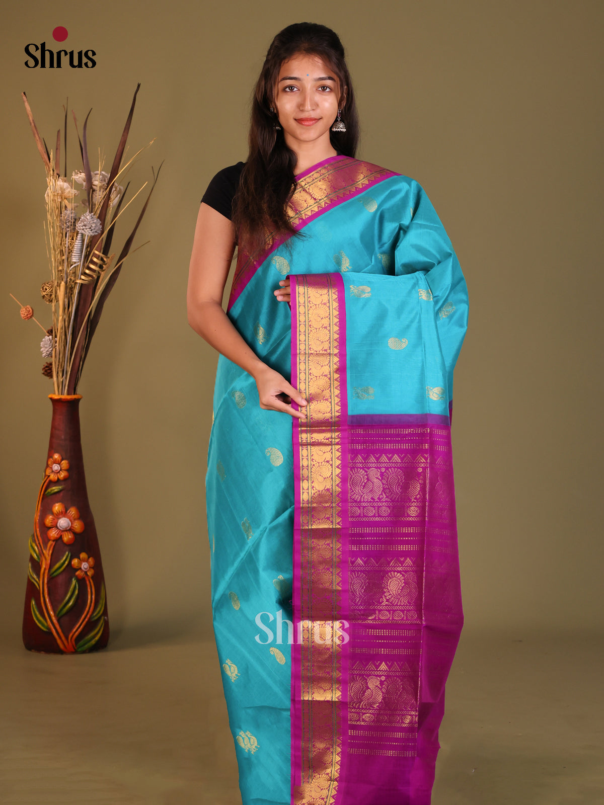Blue & Majenta Silk Cotton Korvai-Small border Saree