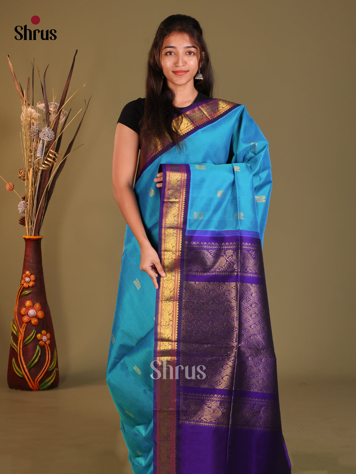 Sky Blue & Blue Silk Cotton Korvai-Small border Saree - Shop on Shrus.com