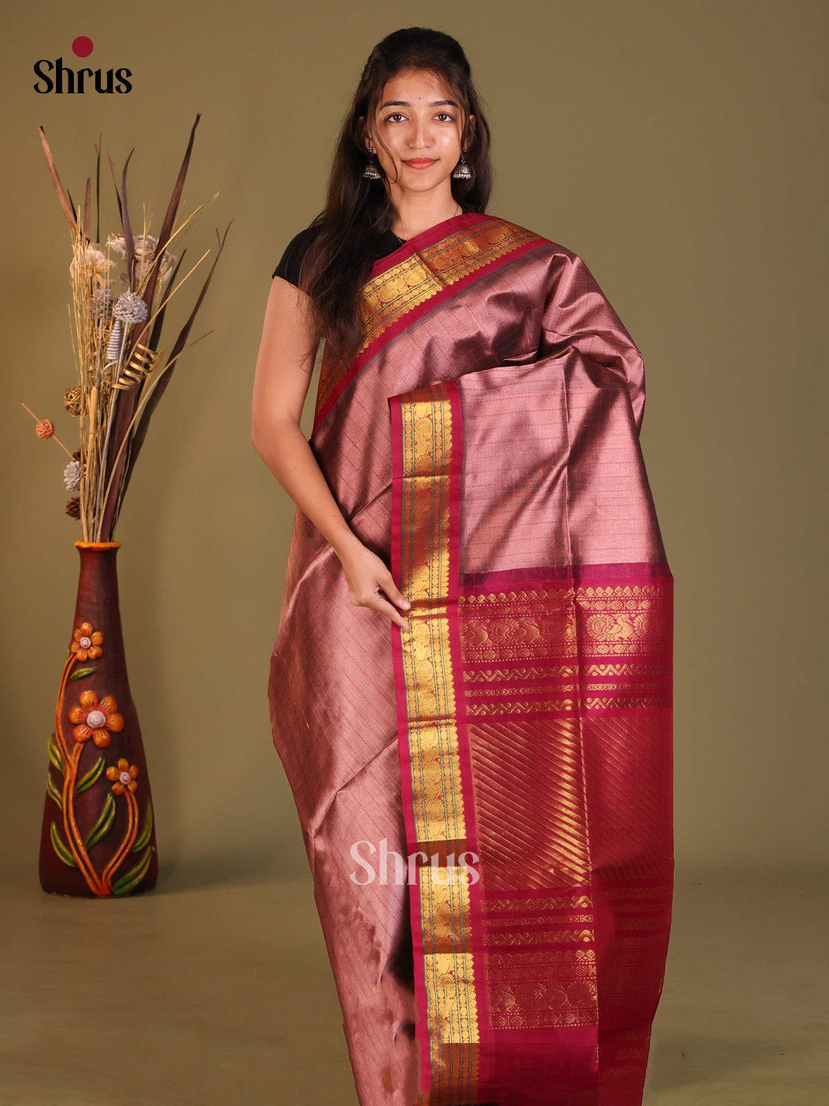 Onion Peel & Maroon Silk Cotton Korvai-kattams Saree - Shop on Shrus.com
