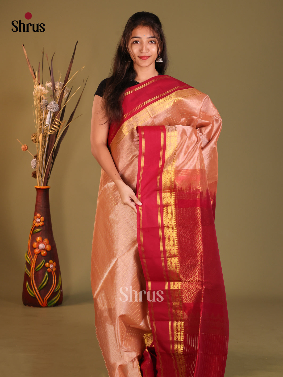 Dusty Pink & Maroon Silk Cotton Korvai-kattams Saree - Shop on Shrus.com