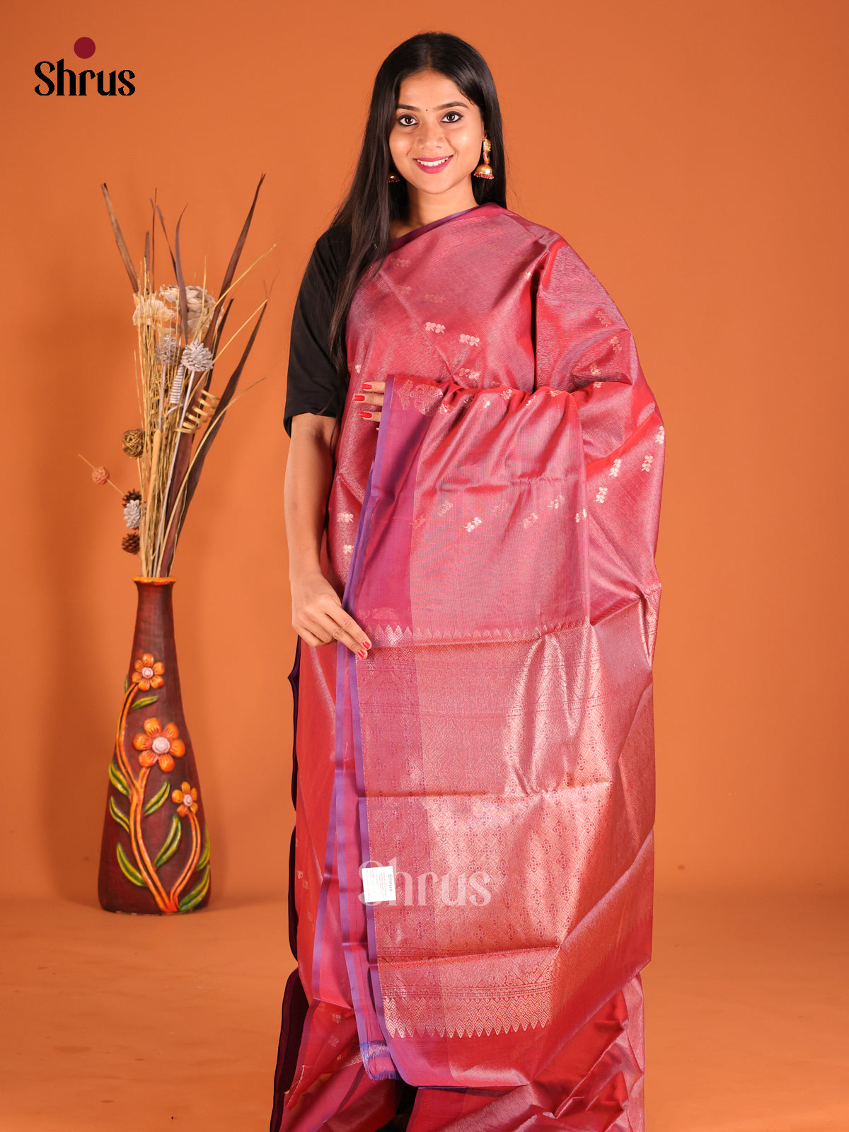 Maroon single Tone Silk Cotton Saree with zari buttas 