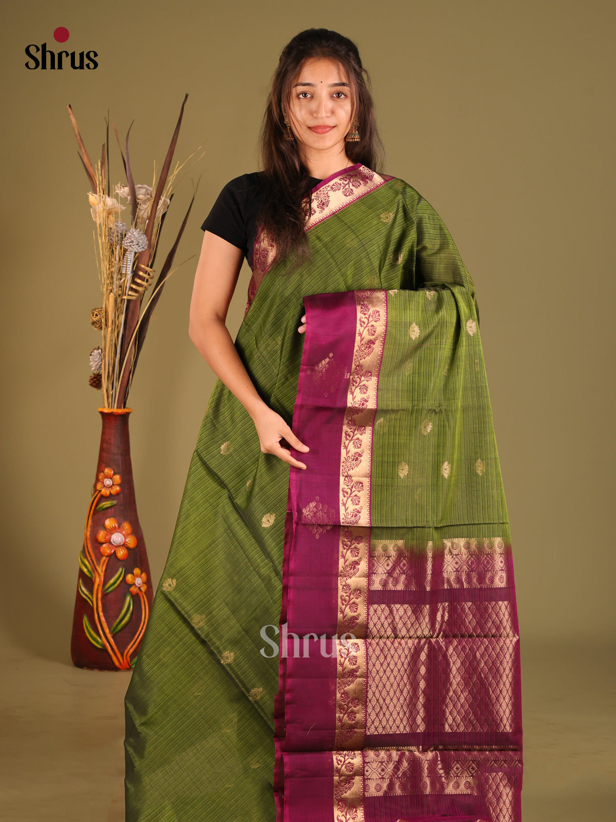 Green & Maroon Silk Cotton Saree with contrast zari brocade pallu